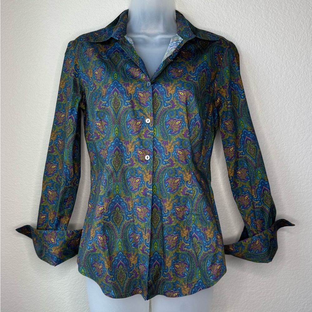Robert Talbott Paisley Print Button-Up Shirt Cotton Blend Size 6‎ Fitted Vibrant